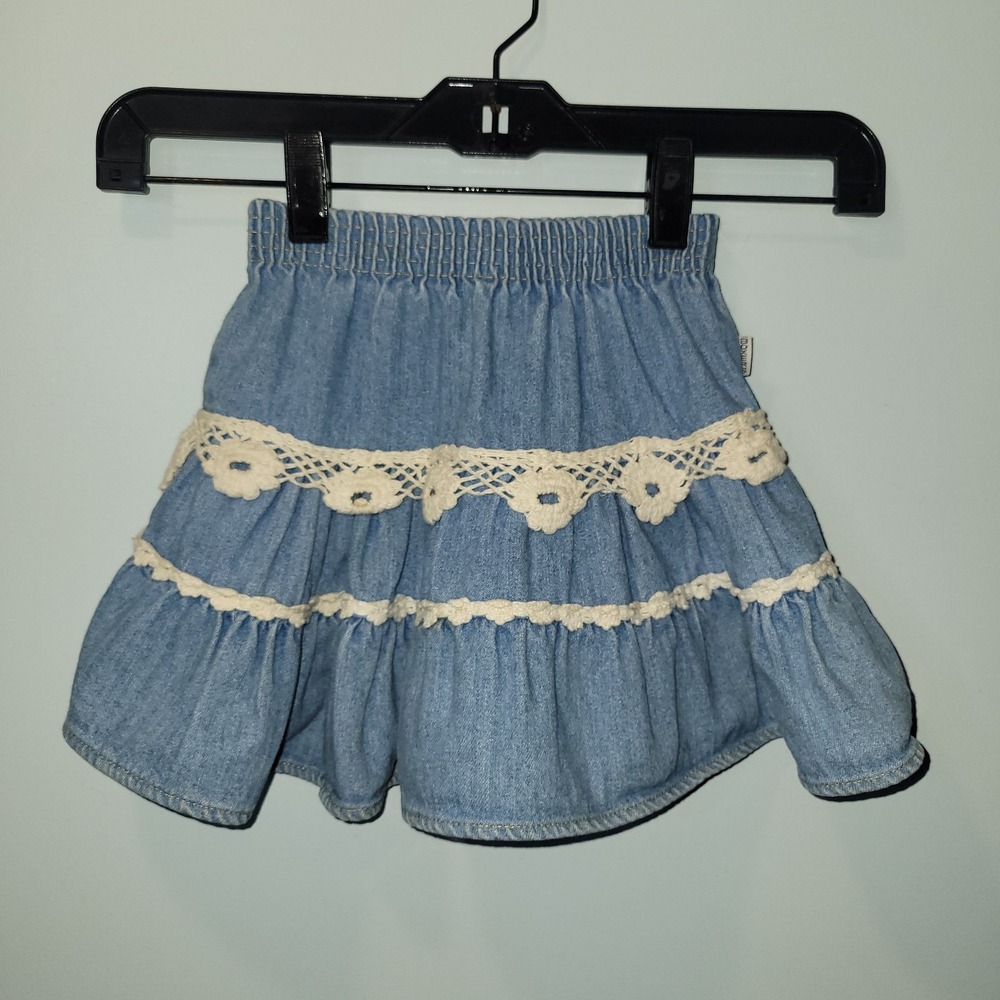 Vintage Baby Boxers Girls 2T Denim Tiered Ruffle Skirt Crochet Lace Trim USA